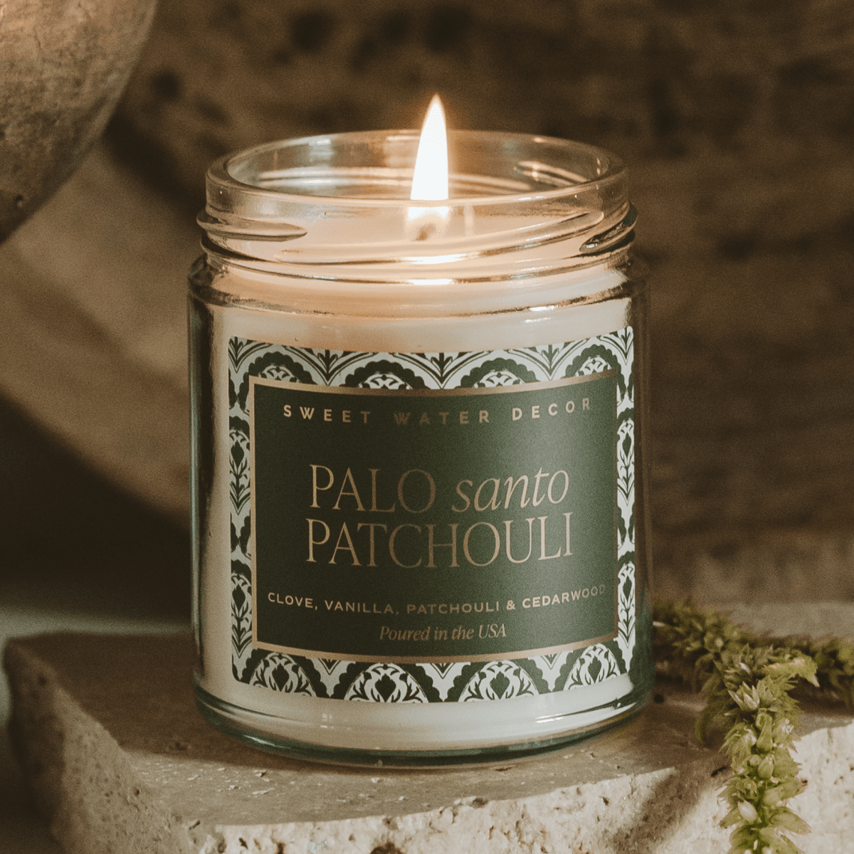 Sweet Water Decor Palo Santo Patchouli Soy Candle - 9 oz Patterned Clear Jar - Earthy Warm Blend