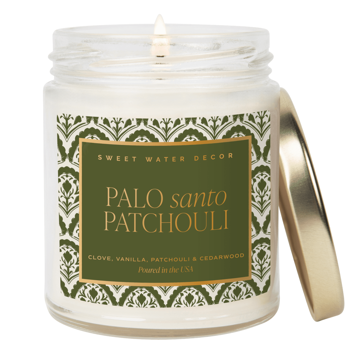 Sweet Water Decor Palo Santo Patchouli Soy Candle - 9 oz Patterned Clear Jar - Earthy Warm Blend