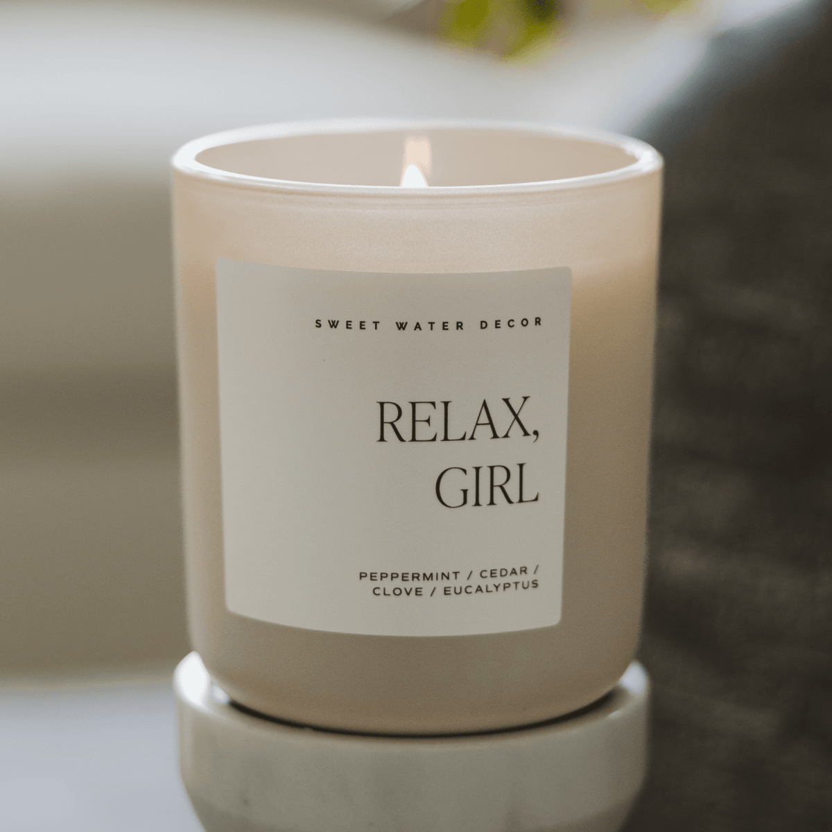 Sweet Water Decor Relax Girl Soy Candle - 15 oz Tan Matte Jar - Eucalyptus Peppermint