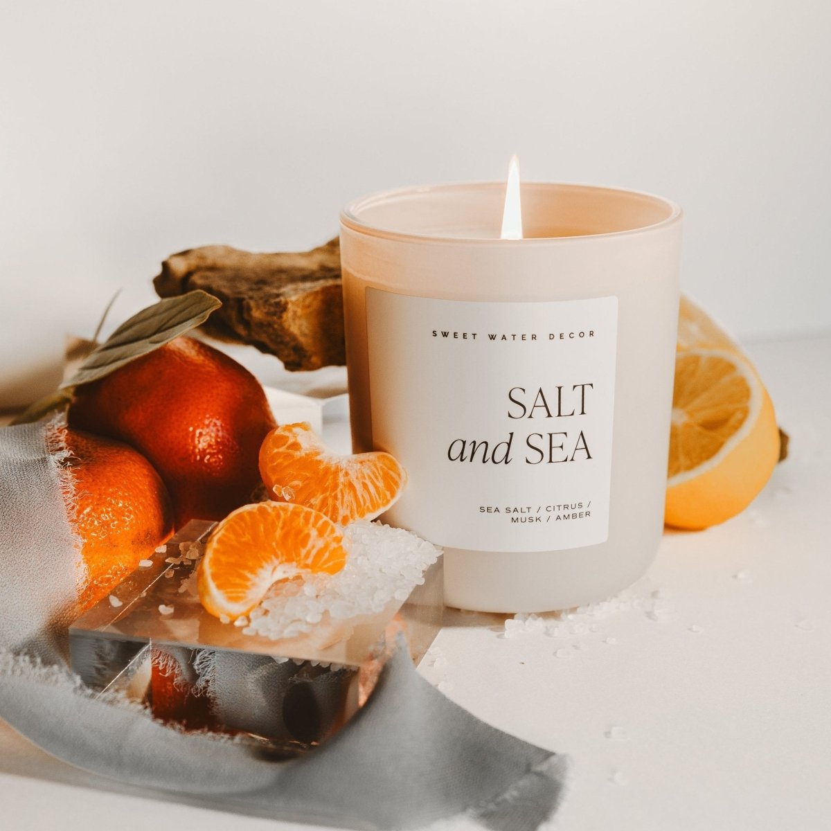 Sweet Water Decor Salt and Sea Soy Candle - 15 oz Tan Matte Jar - Citrus Sea Salt Musk