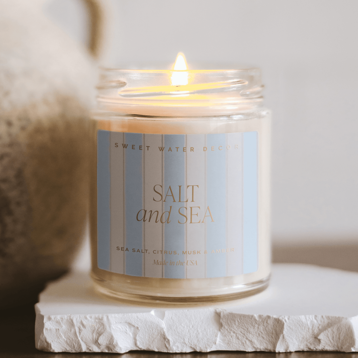 Sweet Water Decor Salt and Sea Soy Candle - Patterned 9 oz Clear Jar - Citrus Sea Salt Musk