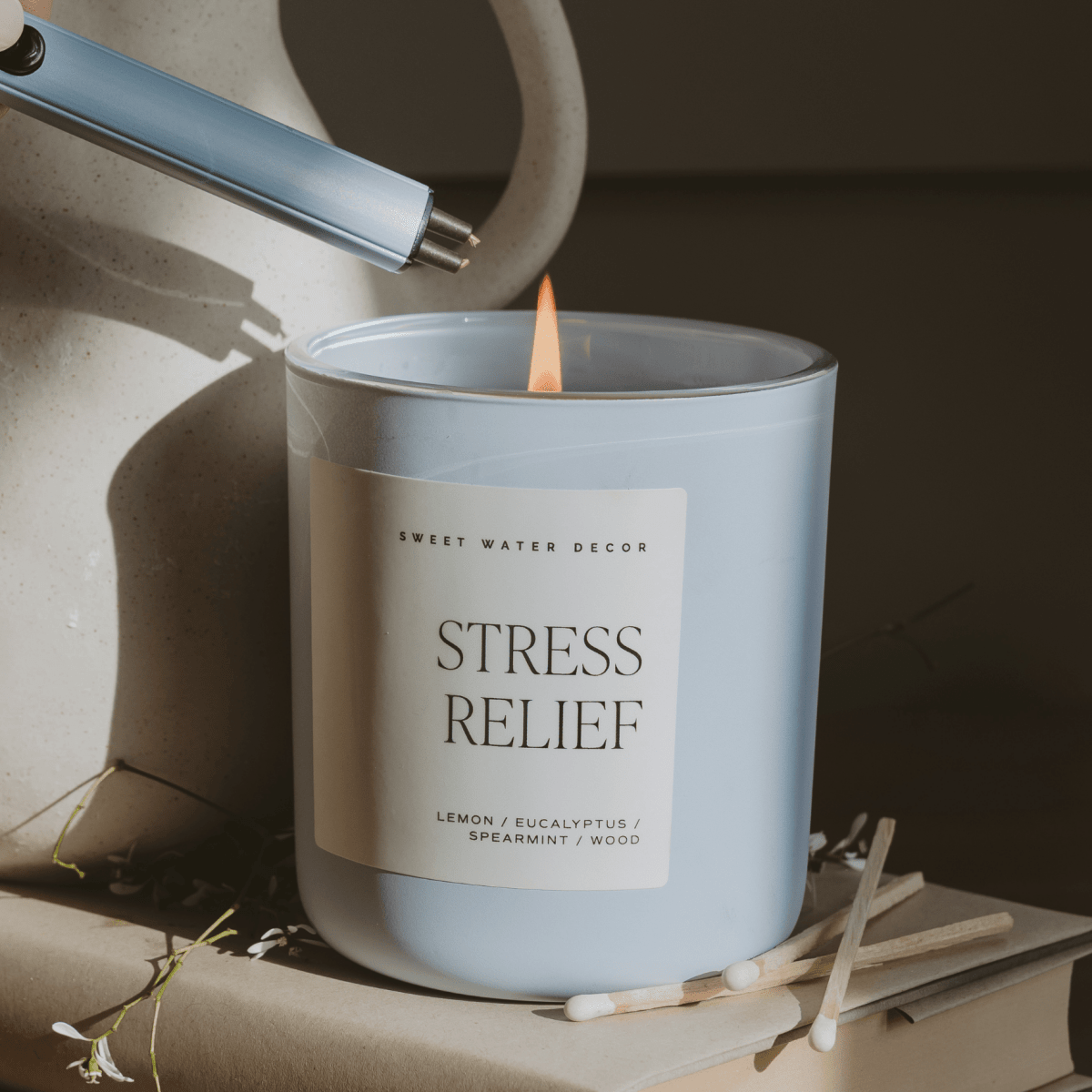 Sweet Water Decor Stress Relief Soy Candle - 15 oz Blue Matte Jar - Eucalyptus Lavender
