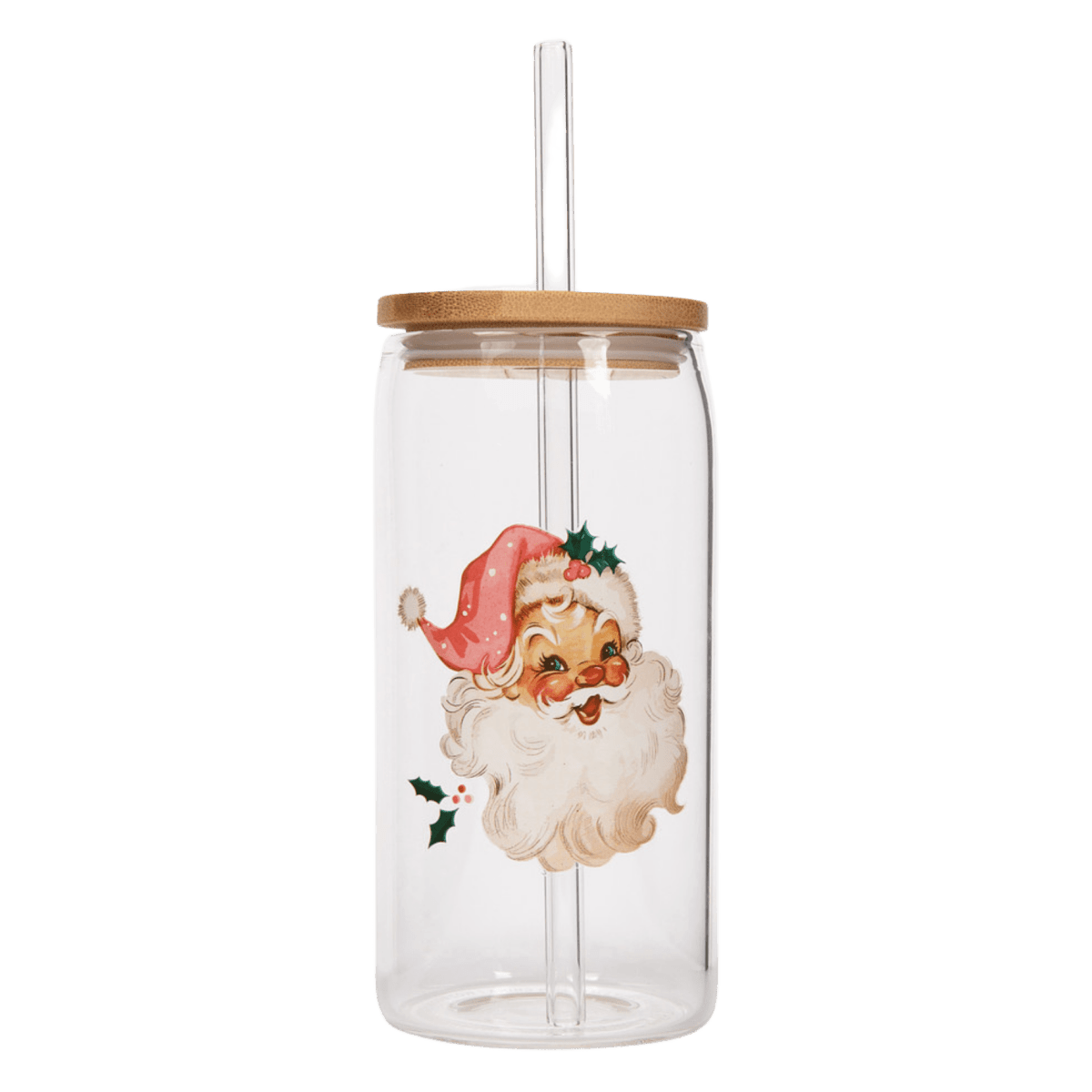 Sweet Water Decor Vintage Santa Glass Can Tumbler, 17oz with Bamboo Lid & Straw