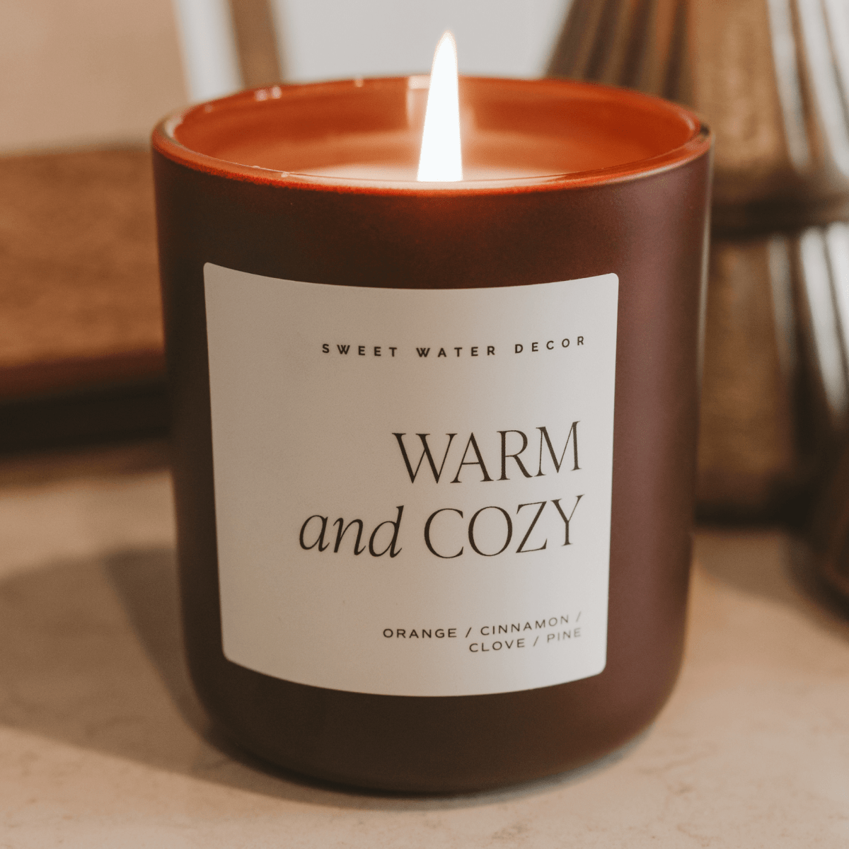 Sweet Water Decor Warm and Cozy Soy Candle - Pine & Cinnamon - 15 oz Brown Matte Jar