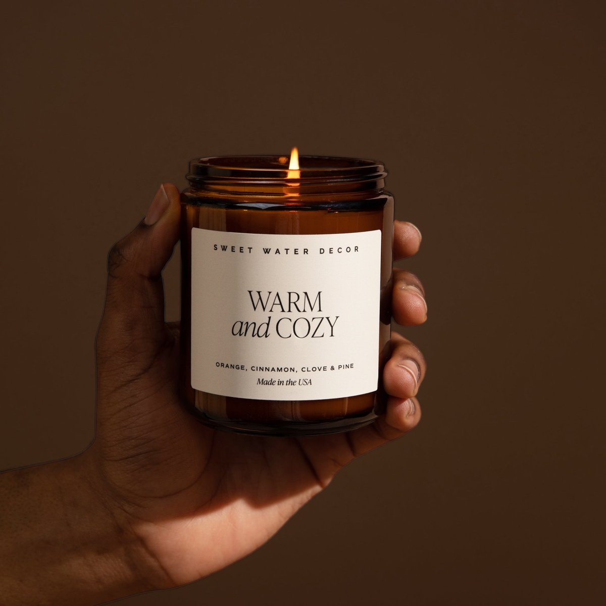 Sweet Water Decor Warm and Cozy Soy Candle - Pine Cinnamon Orange - 9oz Amber Jar