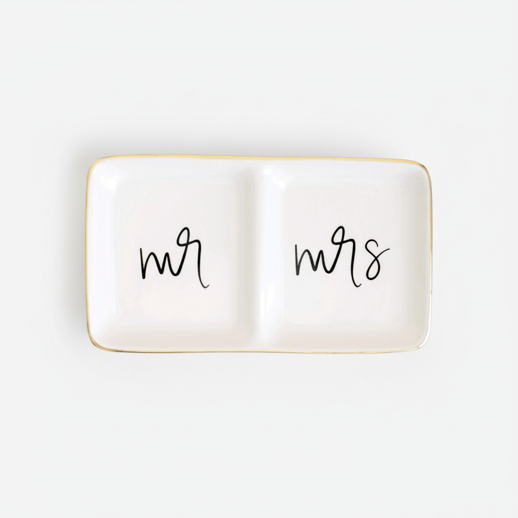 Sweet Water Decor White Ceramic Mr Mrs Ring Dish - Gold Foil Rectangle 7.2" Jewelry Tray
