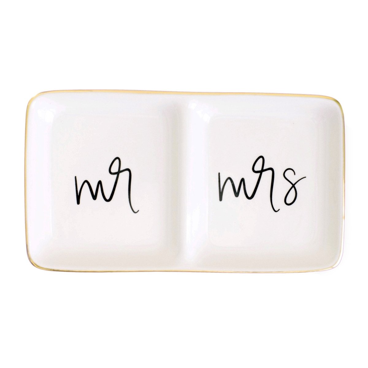 Sweet Water Decor White Ceramic Mr Mrs Ring Dish - Gold Foil Rectangle 7.2" Jewelry Tray