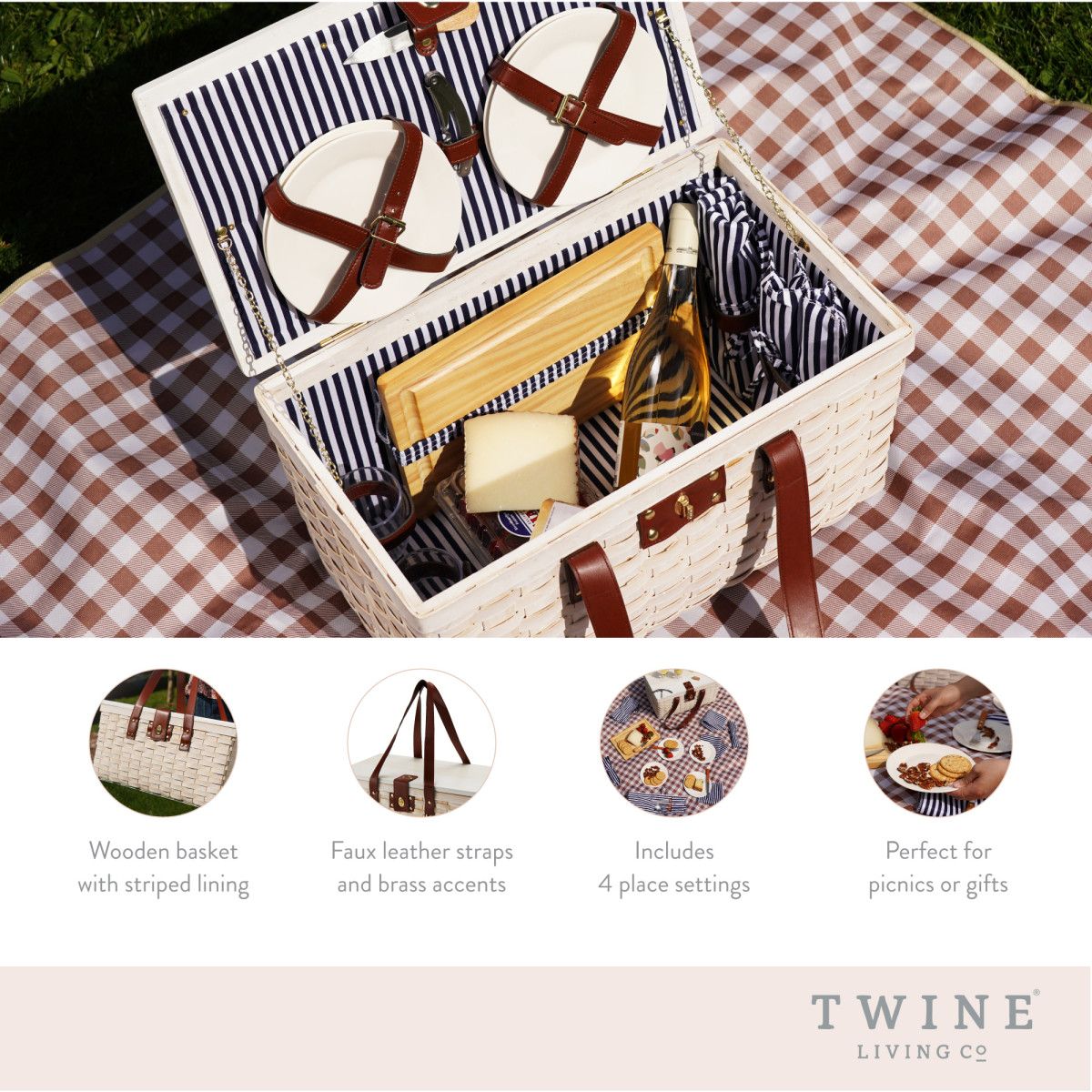 Twine Living Tahoe Cream Picnic Basket for Four - lily & onyx