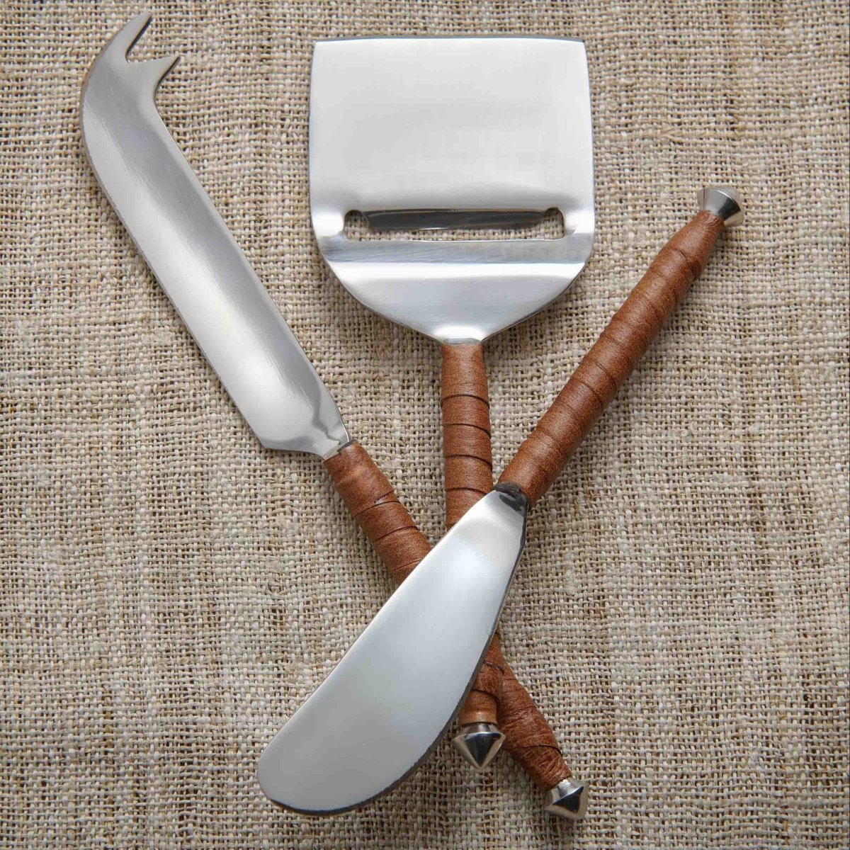 texxture Bratzen™ Hand Forged Stainless Steel Cheese Knives, Set of 3 | Genuine Leather Wrapped Handles
