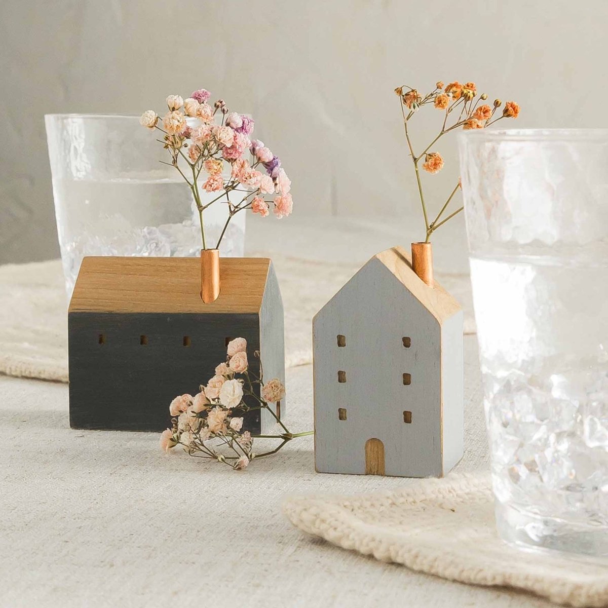 texxture Hagen™ Miniature Teak Wood House Figurine with Copper Chimney - Tall