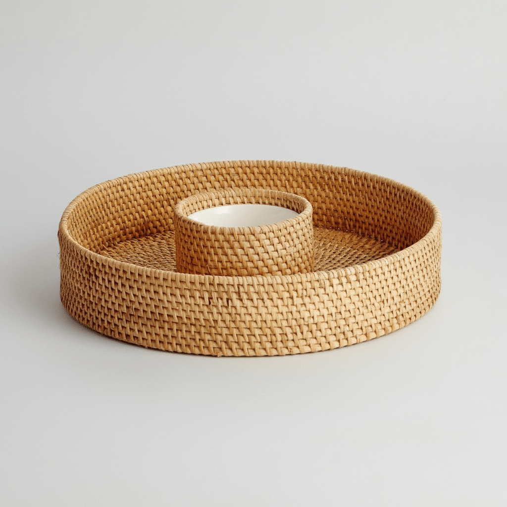 texxture Lombok™ Handwoven Rattan Chip and Dip Basket - 15" with Porcelain Bowl