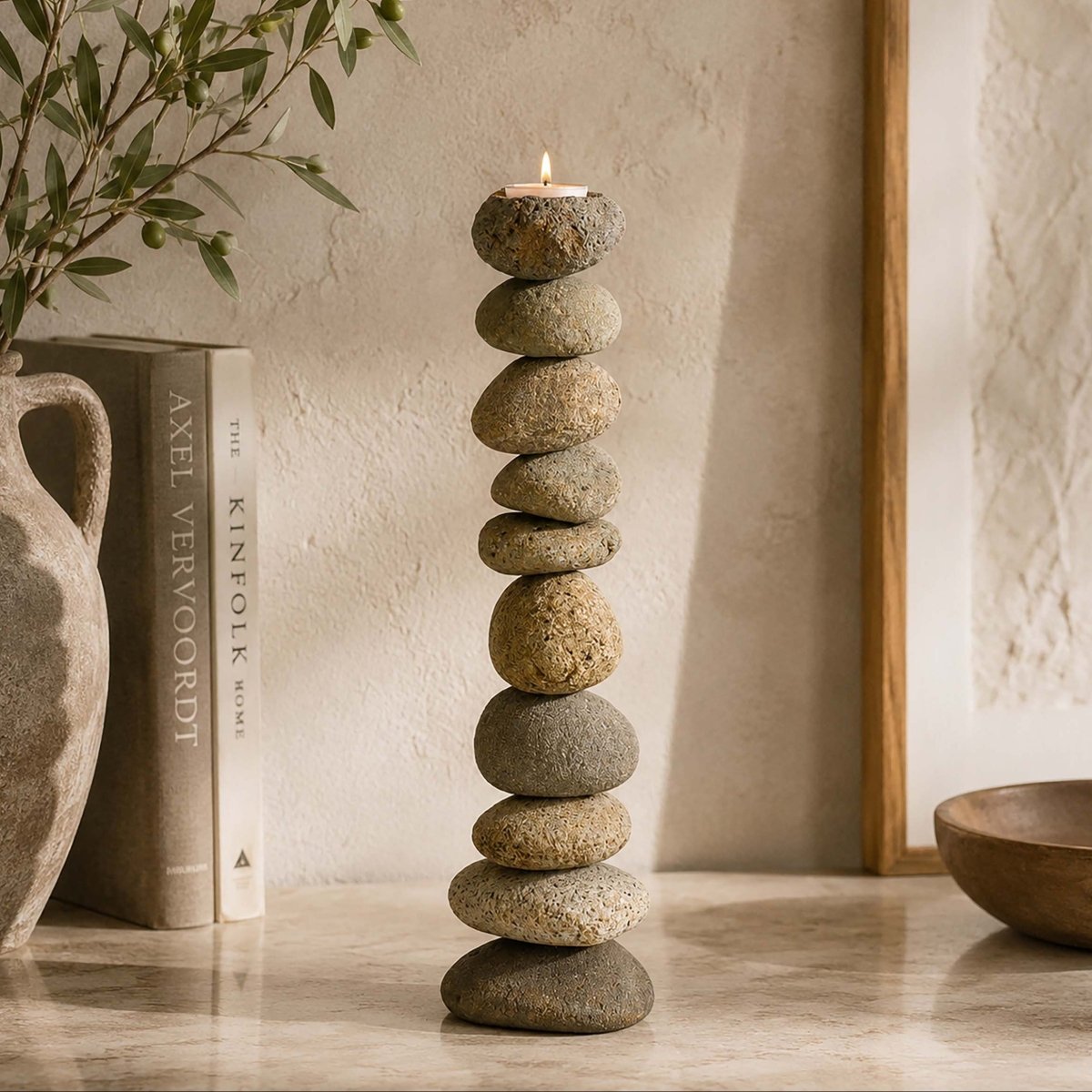 texxture PebbleStack™ Volcanic Riverstone Tealight Candle Holder | Cairn Stack, 15.7" H