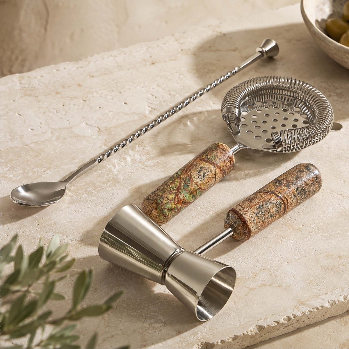 texxture Piedmont™ Marble 3-Piece Barware Set | Rajasthani Stone & Stainless Steel Luxury Bar Tools