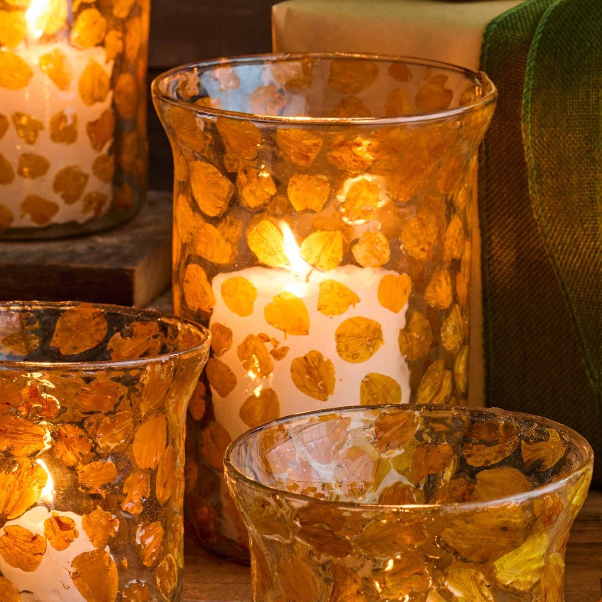 texxture Souci™ Mouth-Blown Glass Hurricane Candle Holder | Marigold Petal Fused Design