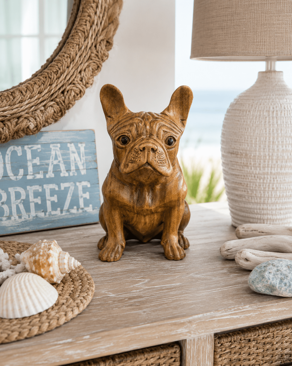 The Broward Design Center Hand-Carved Solid Wood French Bulldog Sculpture, Small