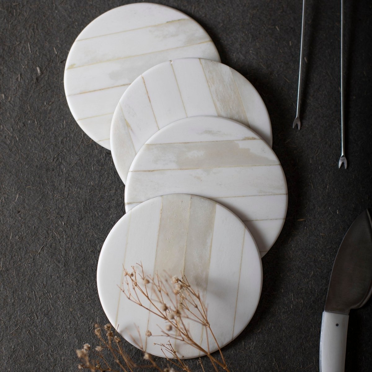 The Collective Blanco Coasters - Set of 4 | Handcrafted Genuine Bone & Stainless Steel Coasters