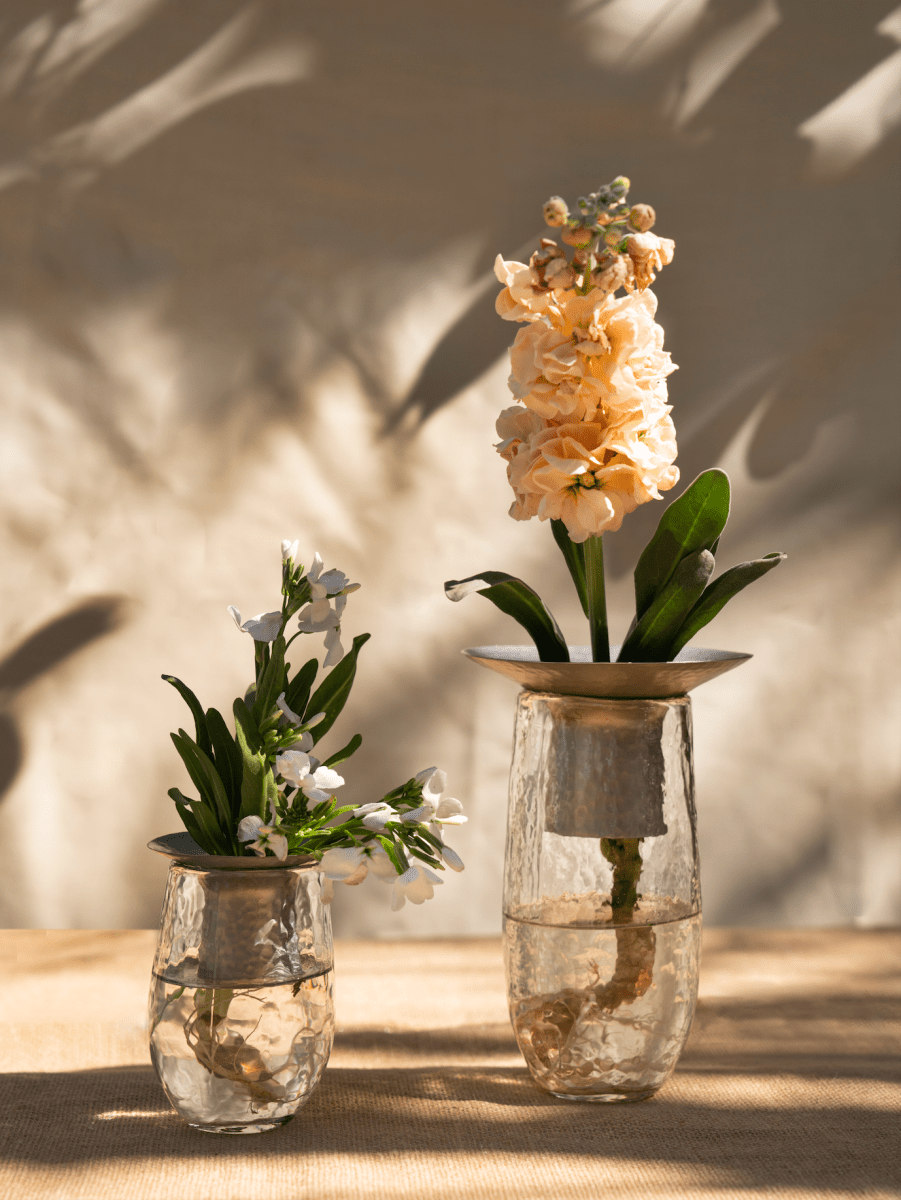 The Collective Floral Bloom Vase - Set of 2 | Hand - Blown Recycled Glass Vases with Metal Inserts