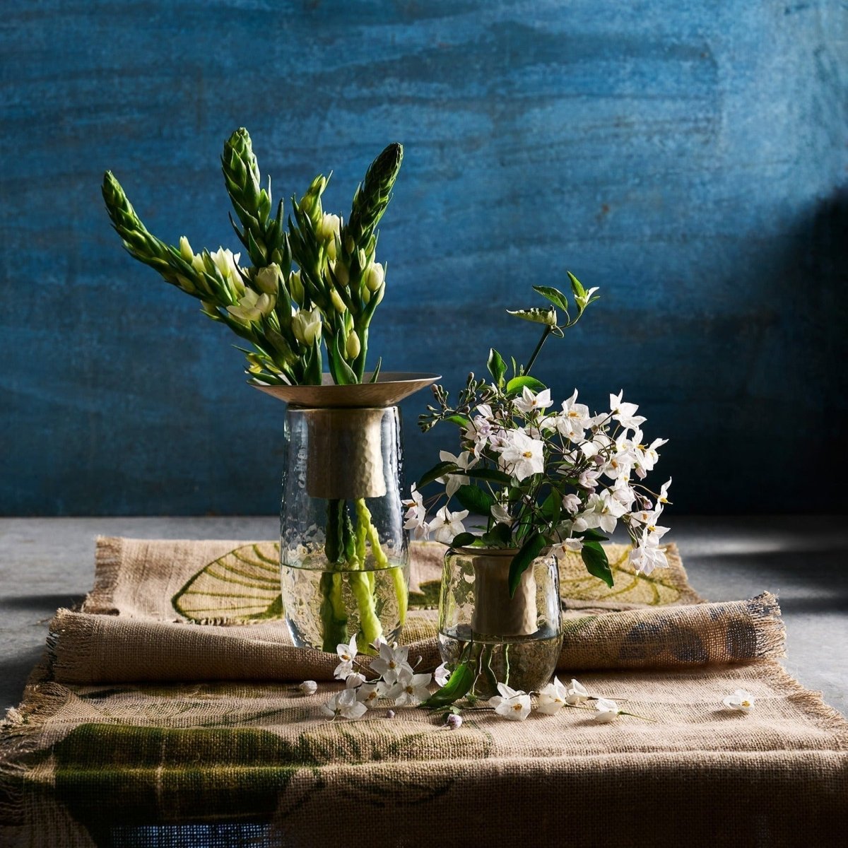 The Collective Floral Bloom Vase - Set of 2 | Hand - Blown Recycled Glass Vases with Metal Inserts