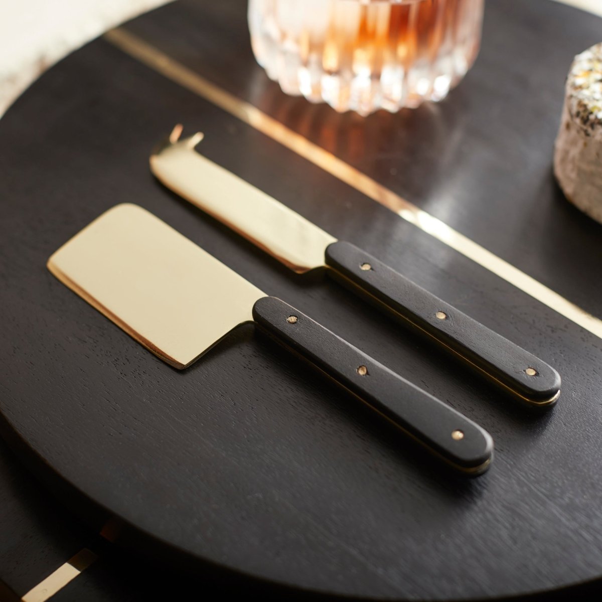 The Collective Mondrian Handmade Cheese Tools – Set of 2 | Brass & Ebonized Mango Wood