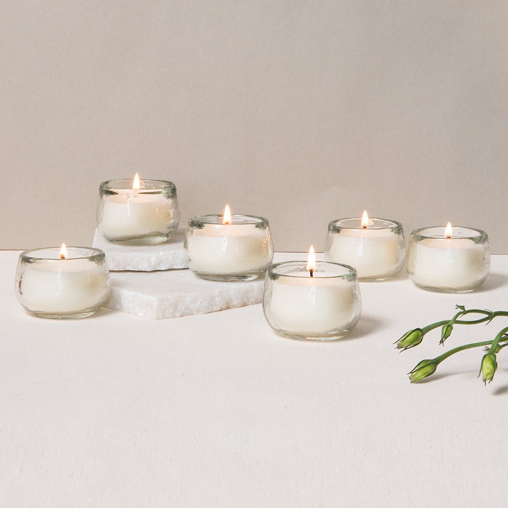 The Collective Pebbled Filled Mini - Votive Candles, Set of 6 | Unscented Soy Wax in Hammered Recycled Glass