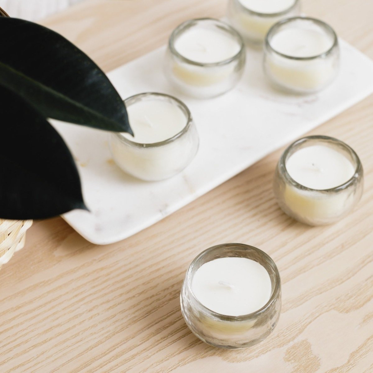 The Collective Pebbled Filled Mini - Votive Candles, Set of 6 | Unscented Soy Wax in Hammered Recycled Glass