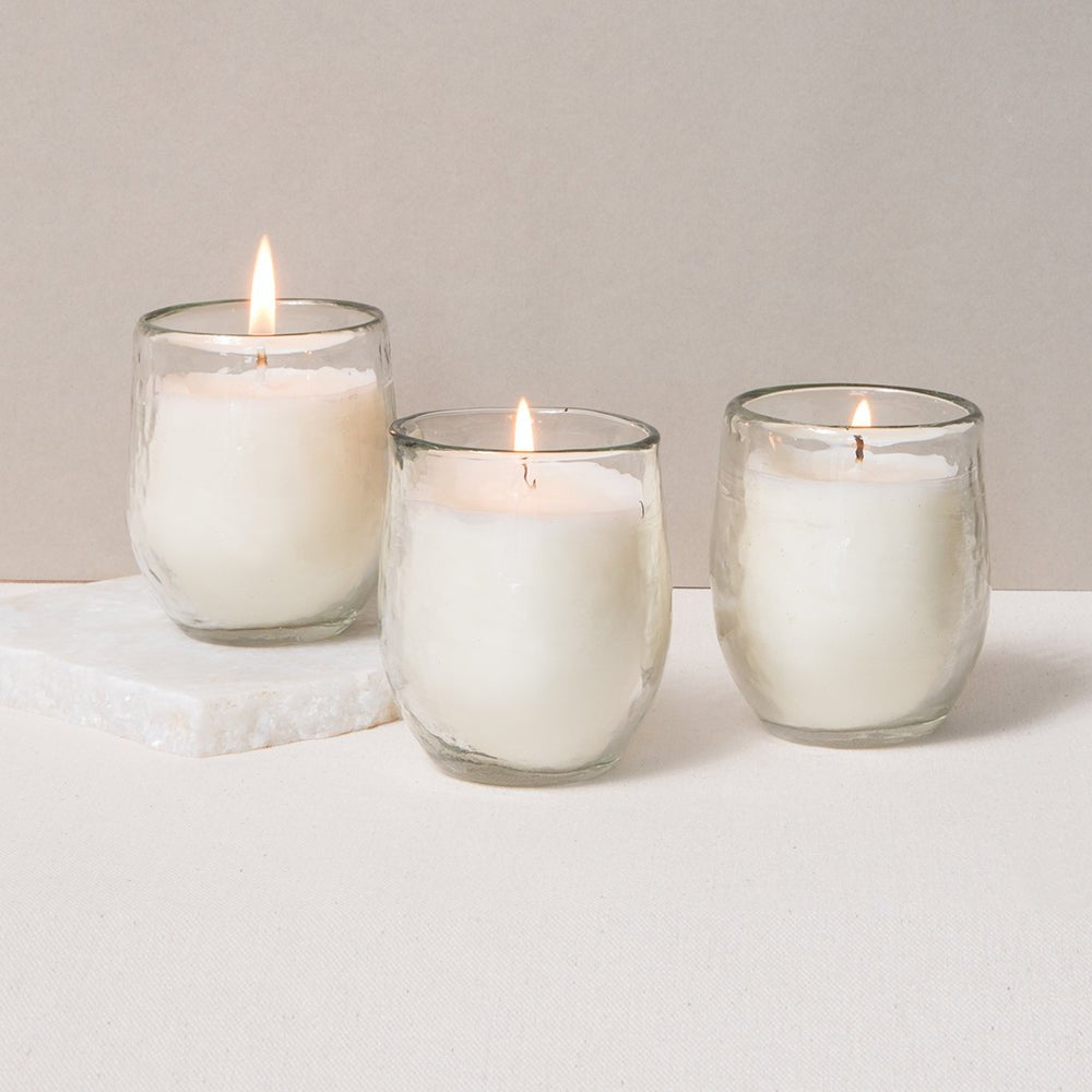 The Collective Pebbled Filled Votive Candles, Set of 3 | Unscented Soy Wax in Hammered Recycled Glass