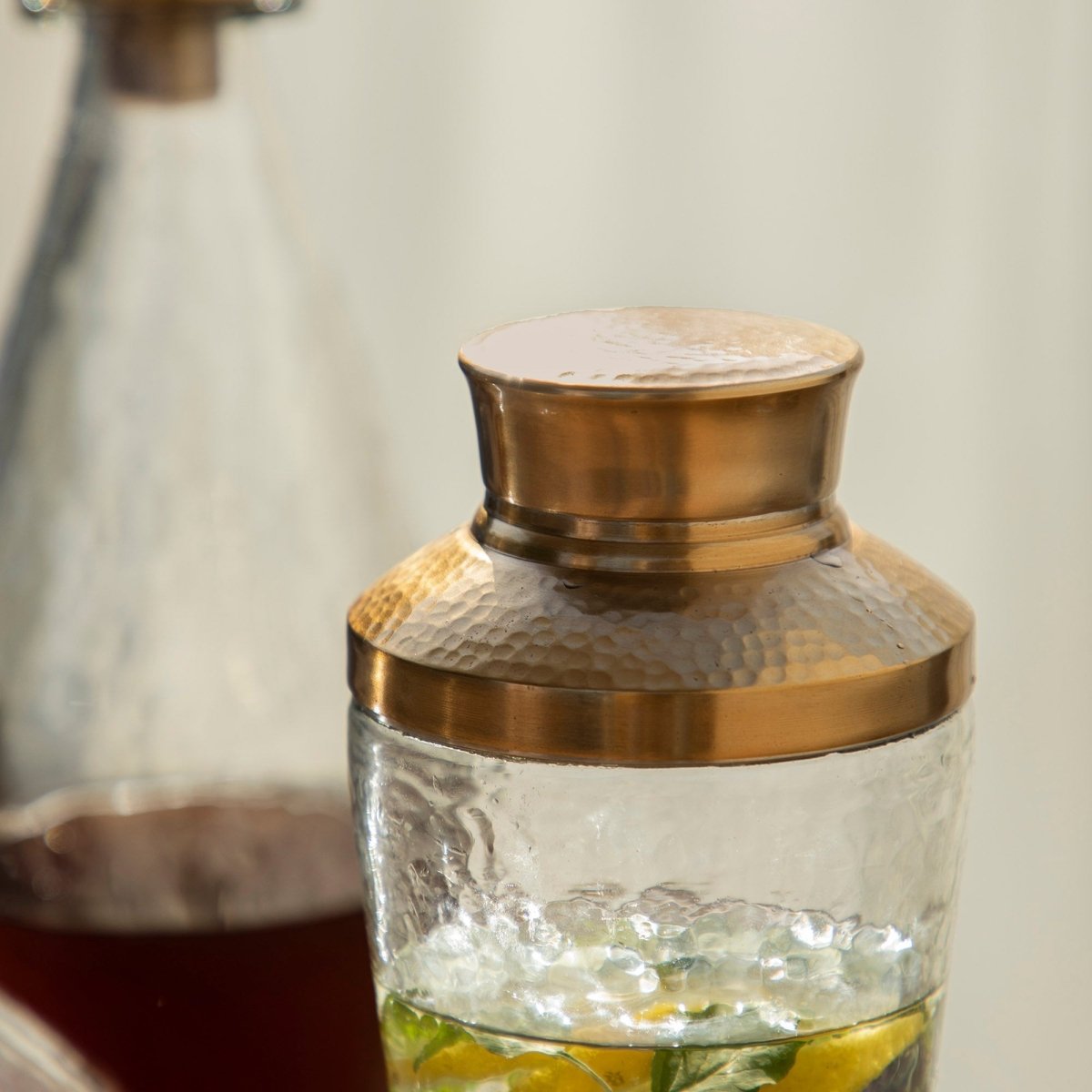 The Collective Pebbled Glass Cocktail Shaker with Brass - Finish Lid, 22oz