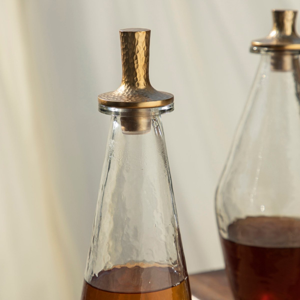 The Collective Pebbled Glass Decanter - Tall | Hand - Blown with Hammered Brass Stopper
