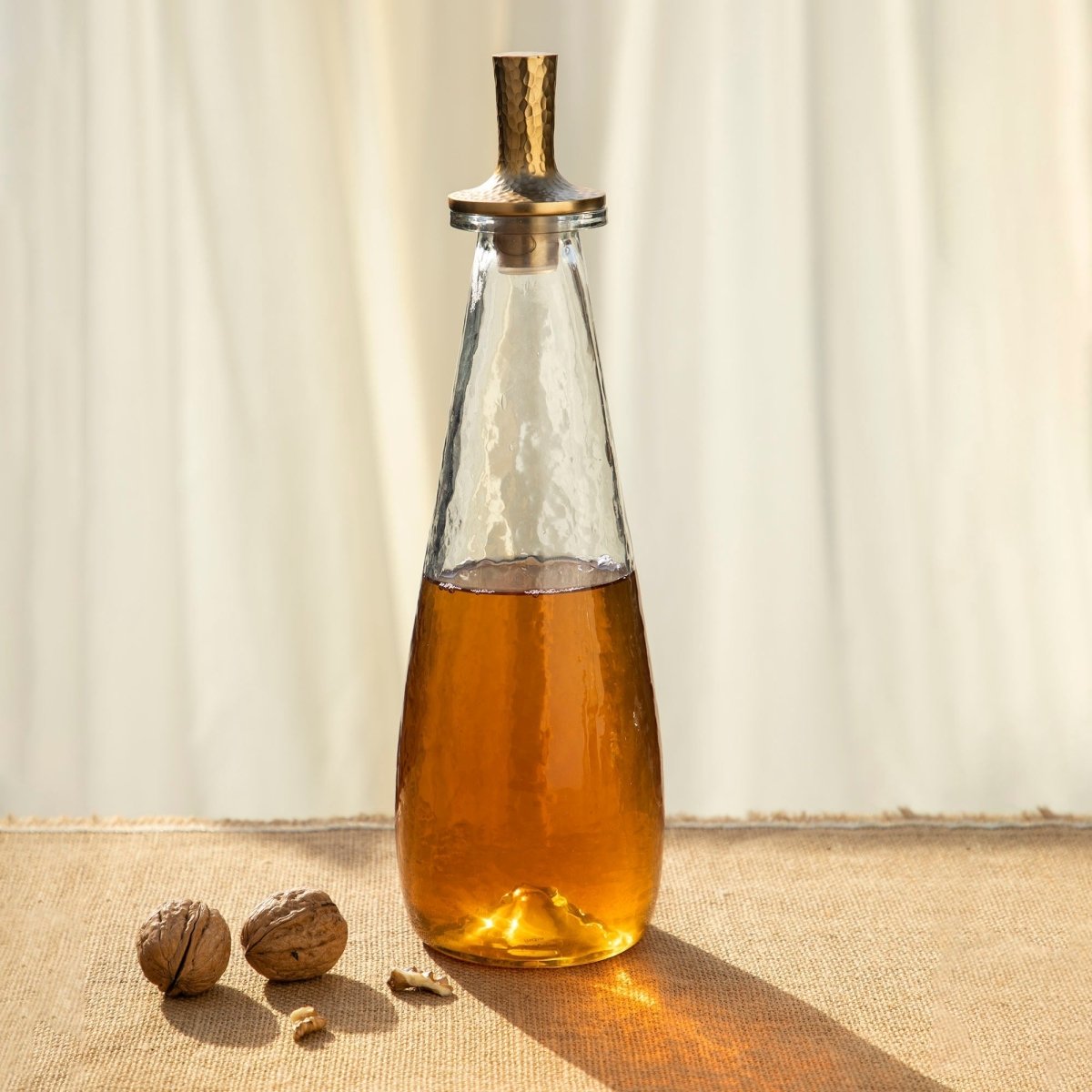 The Collective Pebbled Glass Decanter - Tall | Hand - Blown with Hammered Brass Stopper