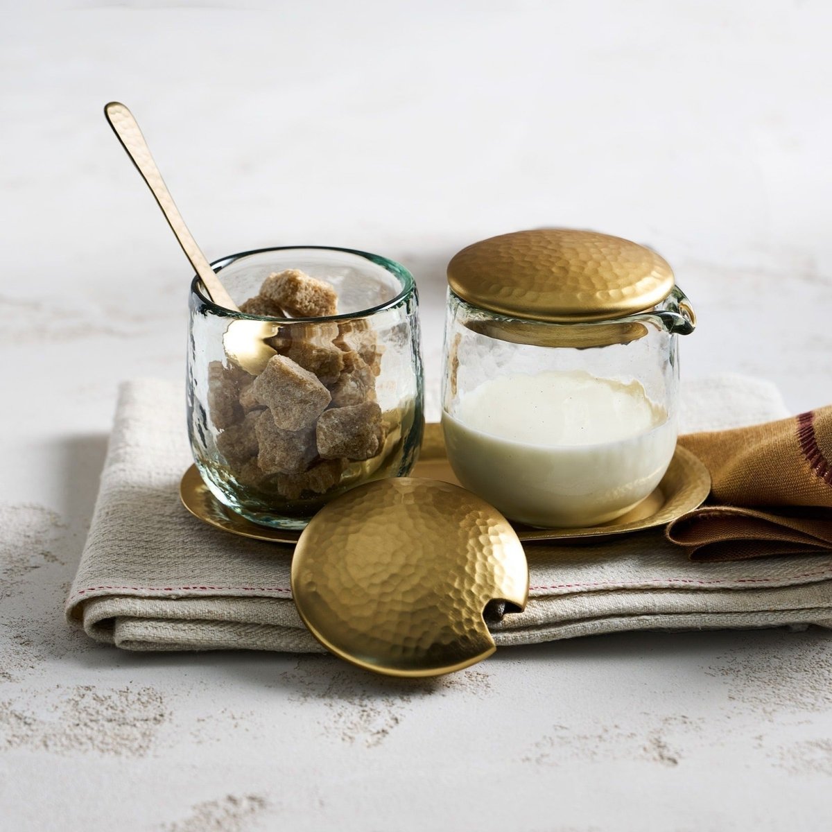 The Collective Pebbled Hand - Blown Sugar & Creamer Set with Drip Tray | Recycled Glass & Brass Coffee Serving Set