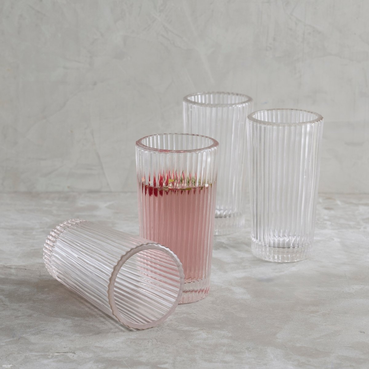 The Collective Pressed Clear Tall Glasses – Set of 4 | 15oz Ribbed Glass Drinkware