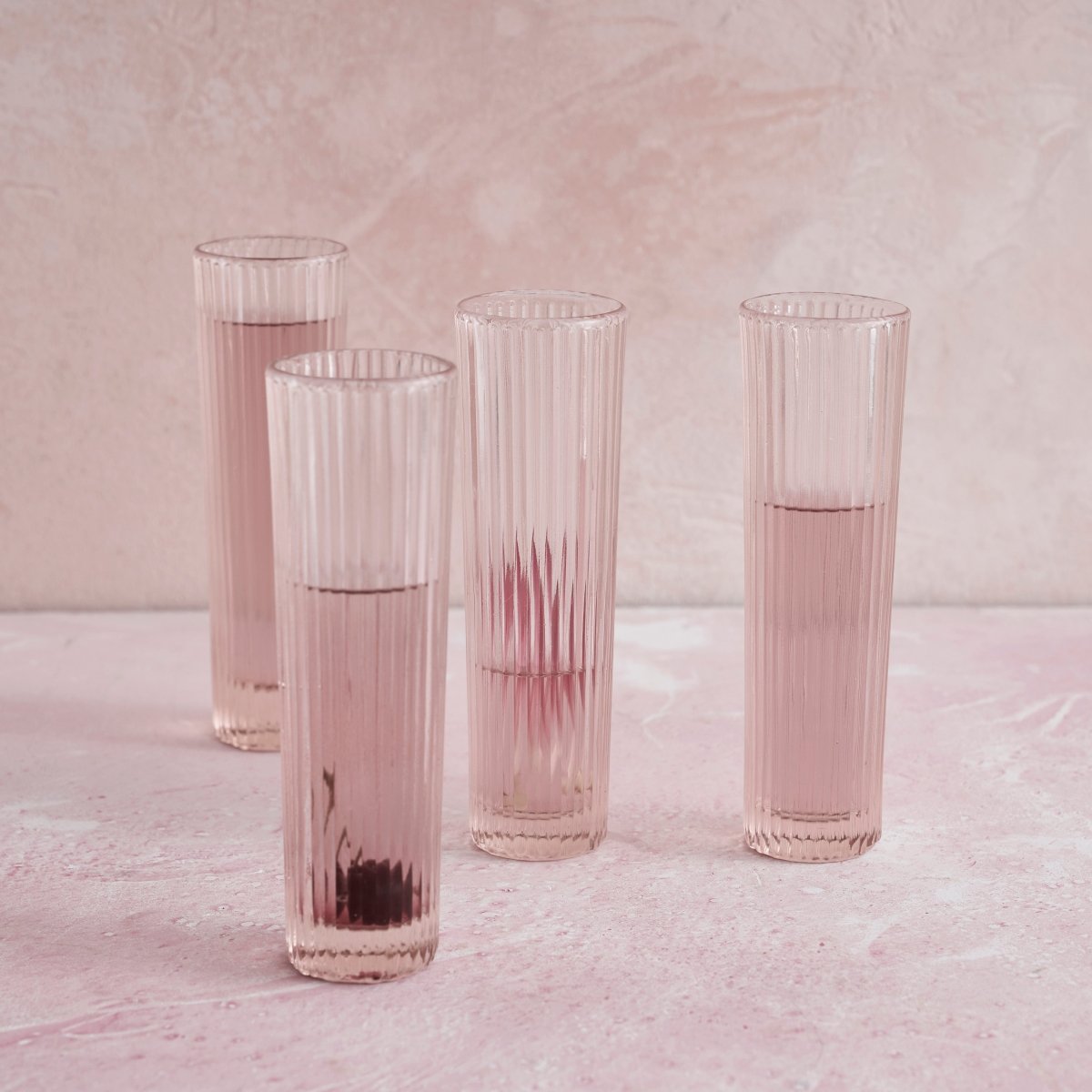 The Collective Pressed Pink Champagne Flutes – Set of 4 | 10oz Ribbed Glass Drinkware