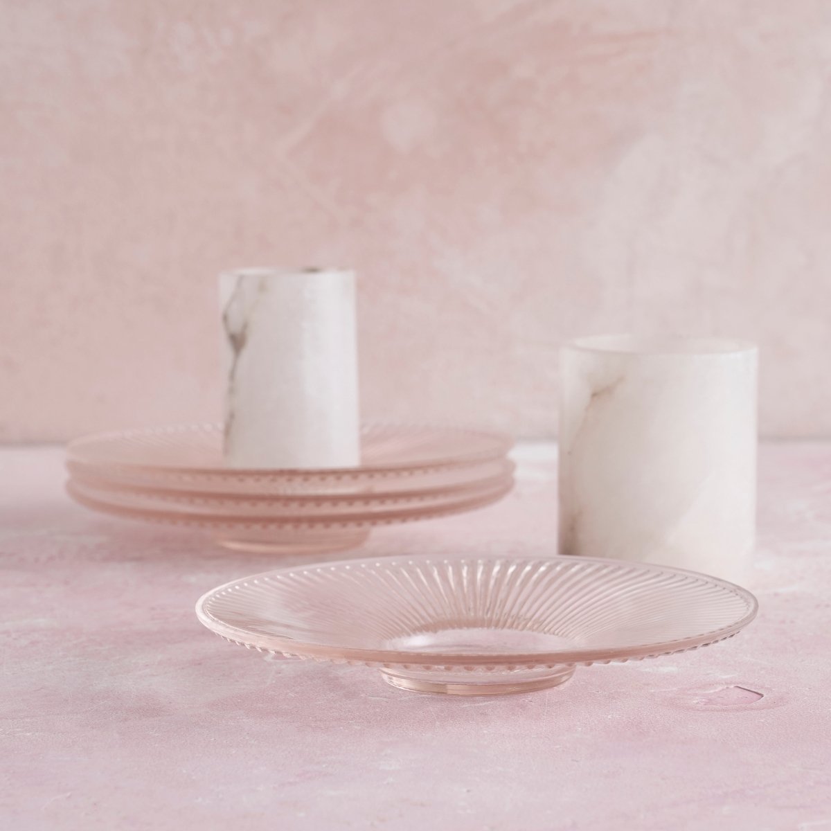 The Collective Pressed Pink Glass Medium Plates - Set of 4 | Ribbed Salad & Dessert Plates