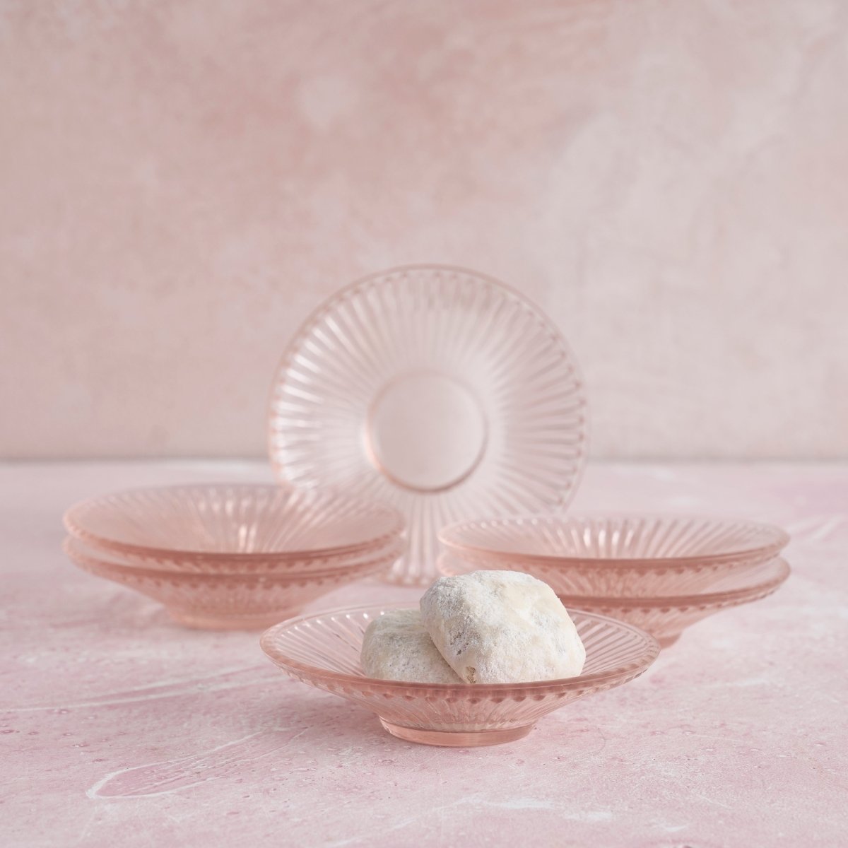 The Collective Pressed Pink Glass Small Plates - Set of 6 | Ribbed Appetizer & Tapas Plates