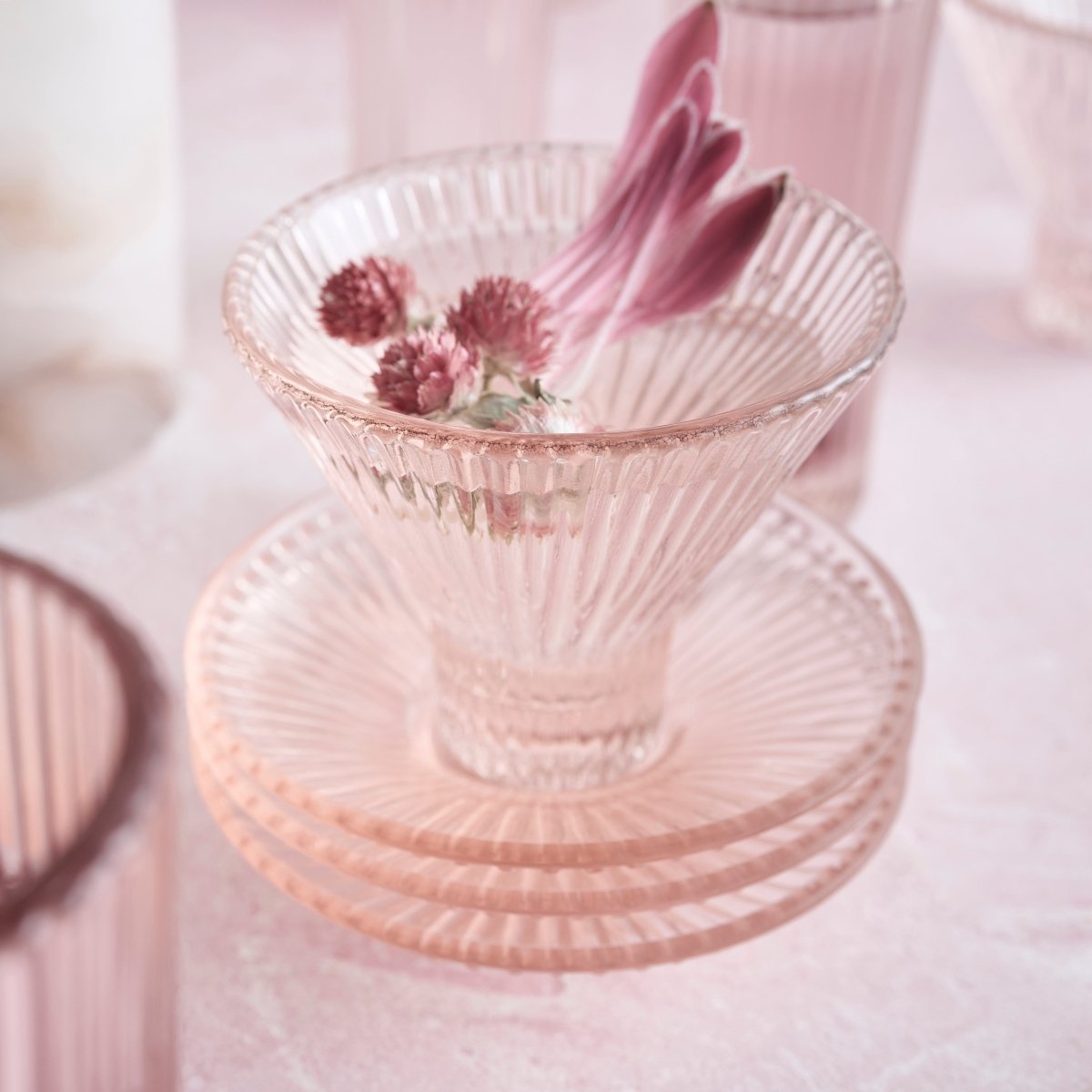 The Collective Pressed Pink Glass Small Plates - Set of 6 | Ribbed Appetizer & Tapas Plates
