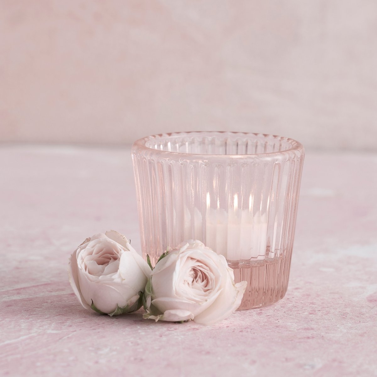 The Collective Pressed Pink Glass Tealight & Votive Holders - Set of 4 | Ribbed Candlelight Decor