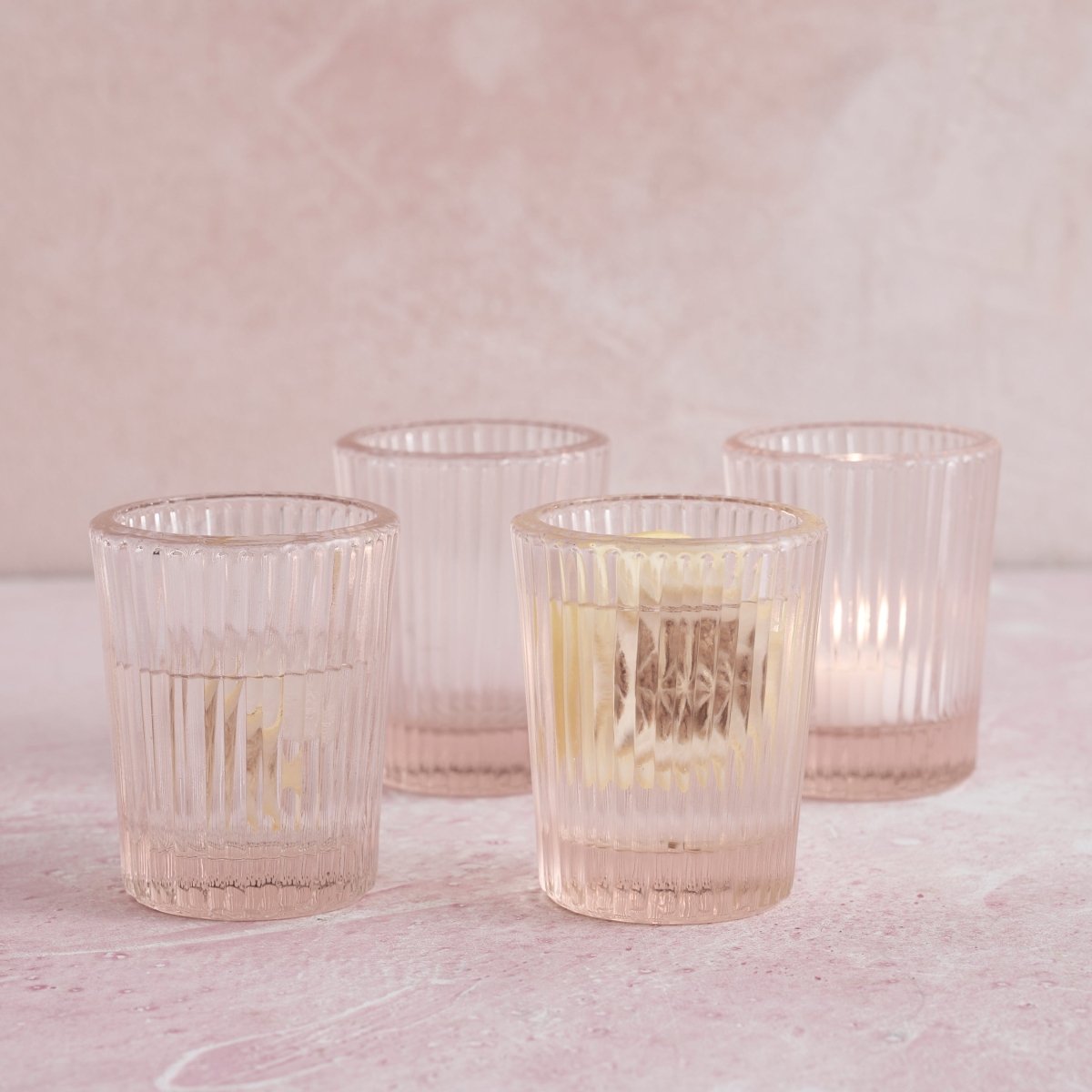 The Collective Pressed Pink Juice Glasses – Set of 4 | 7oz Ribbed Glass Drinkware