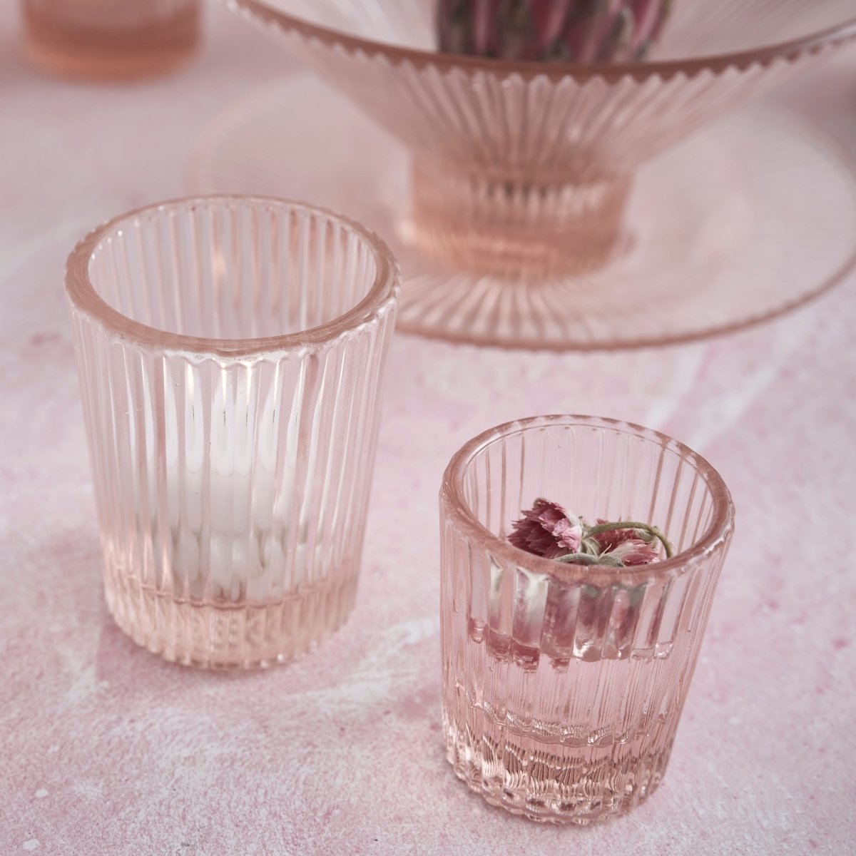 The Collective Pressed Pink Juice Glasses – Set of 4 | 7oz Ribbed Glass Drinkware