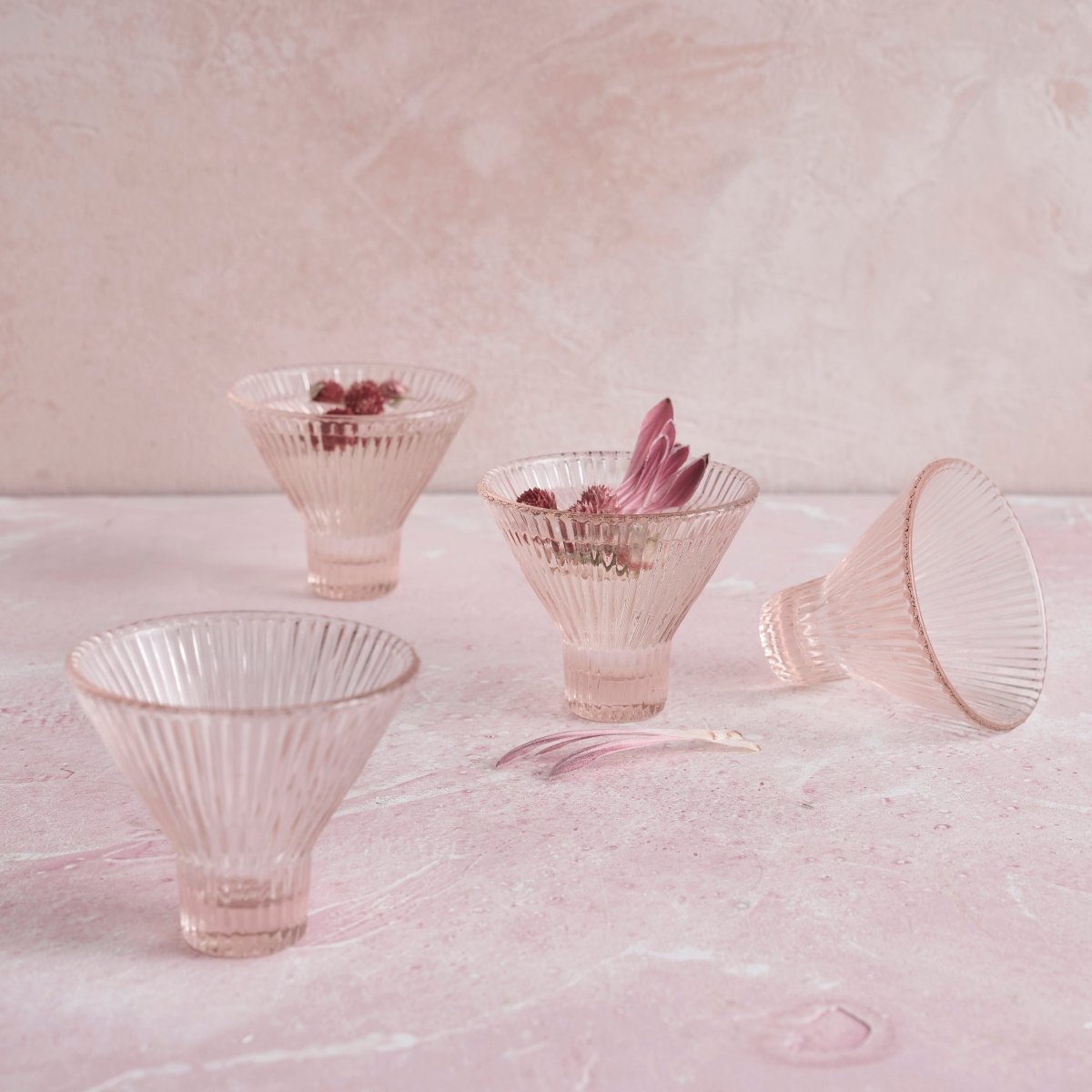 The Collective Pressed Pink Martini Glasses – Set of 4 | 7oz Ribbed Glass Drinkware