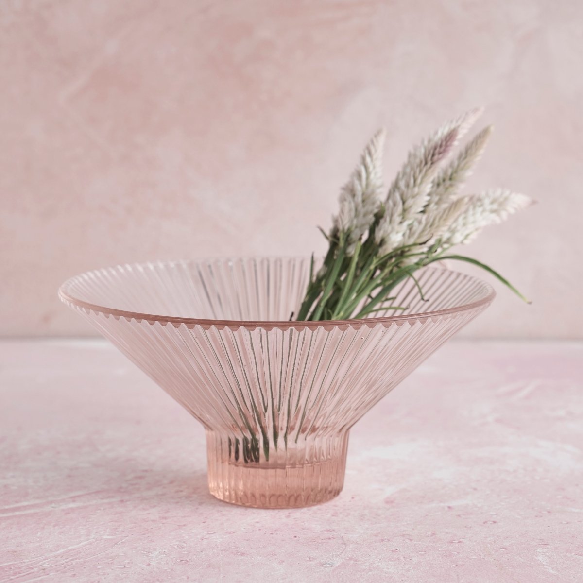 The Collective Pressed Pink Ribbed Glass Low Bowl | Decorative Fruit Bowl & Centerpiece Display