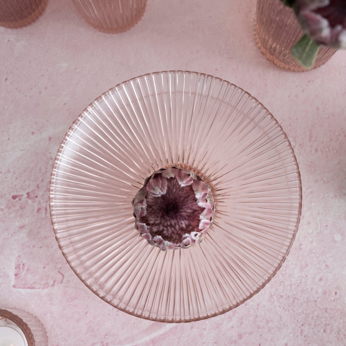 The Collective Pressed Pink Ribbed Glass Low Bowl | Decorative Fruit Bowl & Centerpiece Display