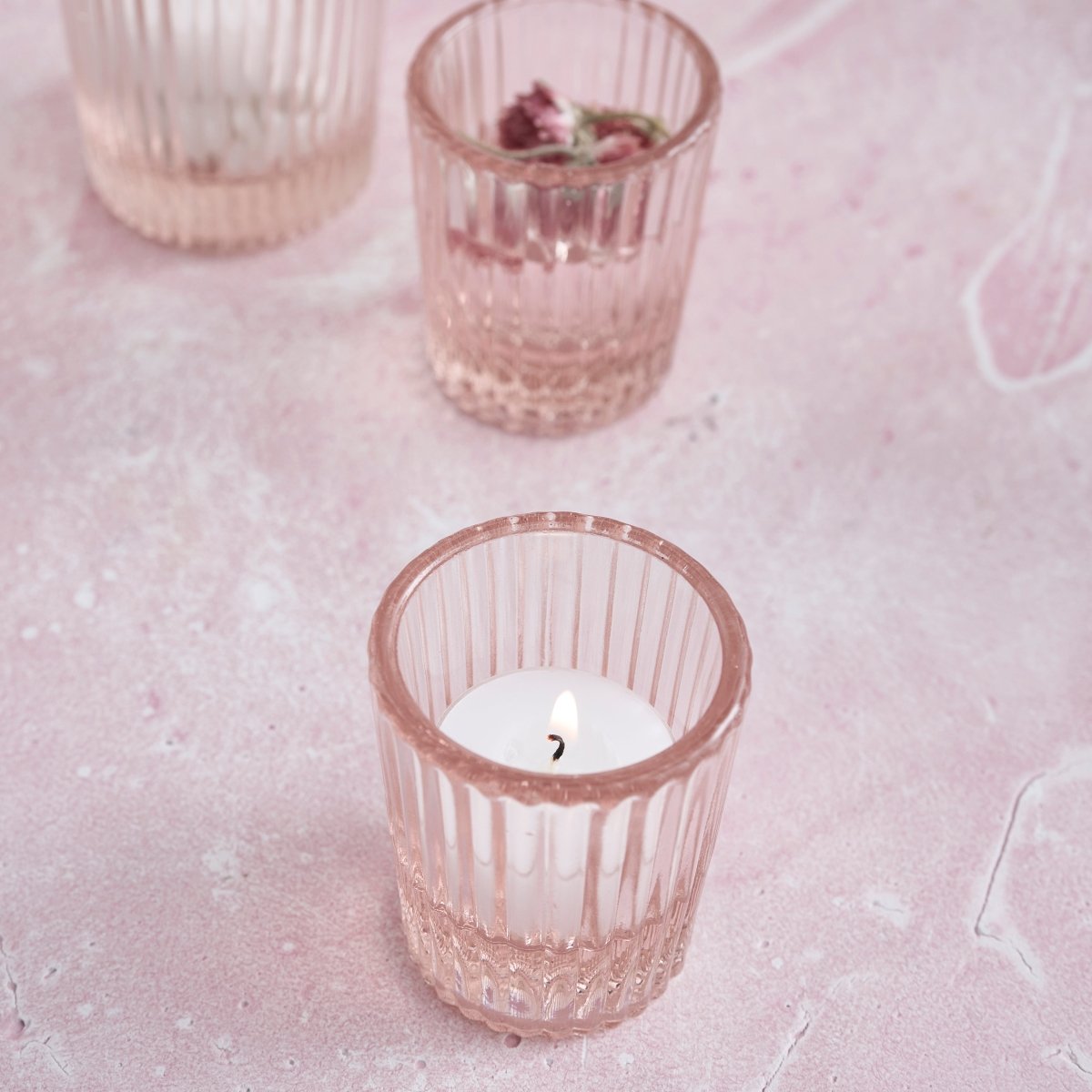 The Collective Pressed Pink Shot Glasses – Set of 6 | 2oz Ribbed Glass Drinkware