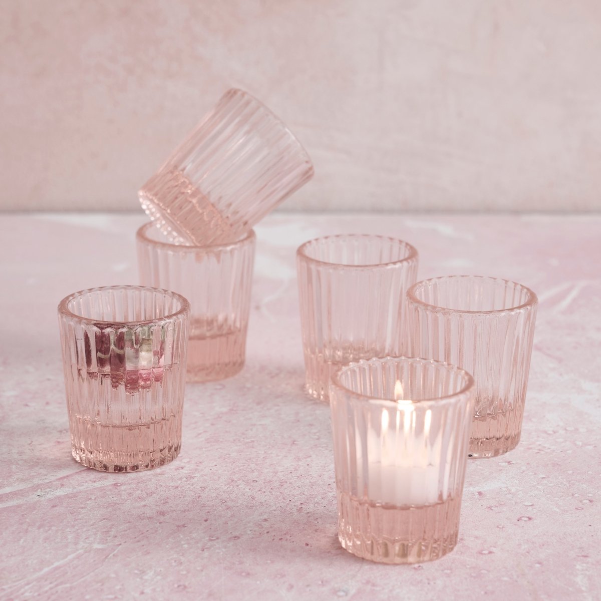 The Collective Pressed Pink Shot Glasses – Set of 6 | 2oz Ribbed Glass Drinkware