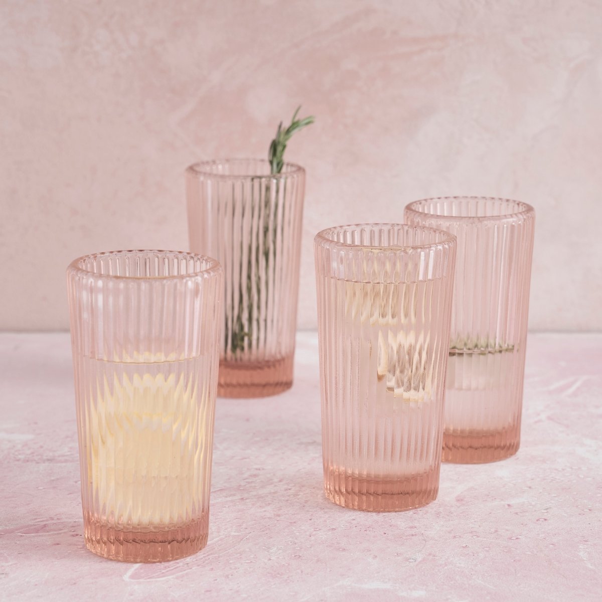 The Collective Pressed Pink Tall Glasses – Set of 4 | 15 oz Ribbed Glass Drinkware