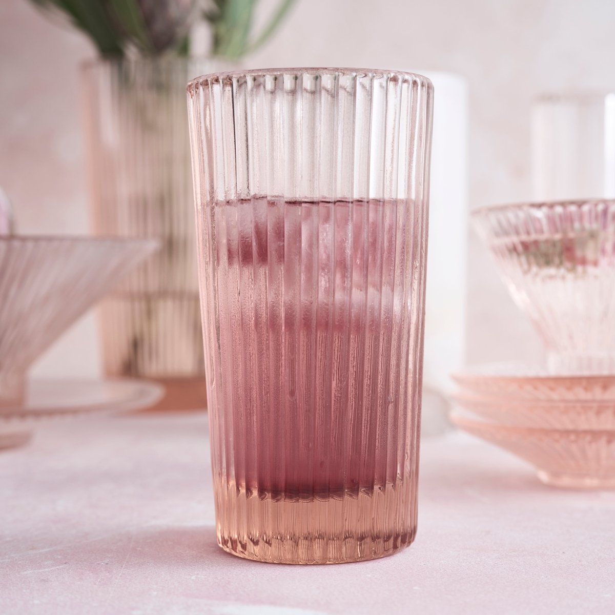 The Collective Pressed Pink Tall Glasses – Set of 4 | 15 oz Ribbed Glass Drinkware