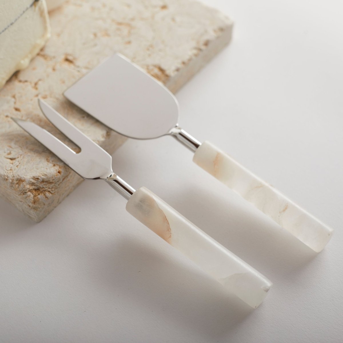 The Collective Santo Alabaster Cheese Tools - Set of 2 | Portuguese Alabaster & Stainless Steel Cheese Knife & Fork