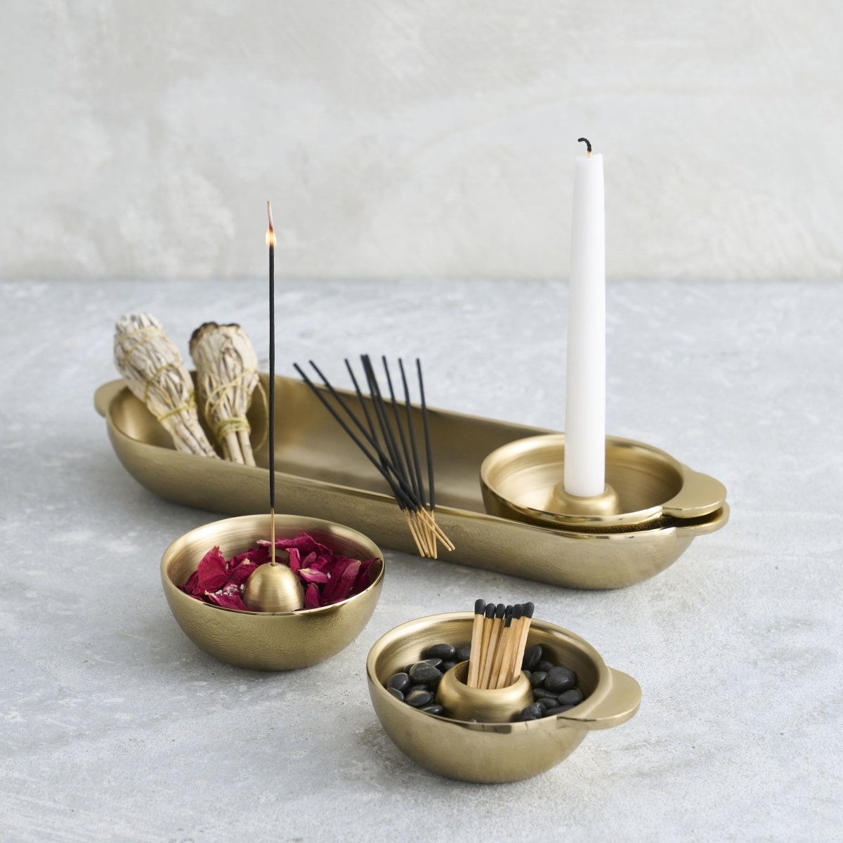 The Collective Stinson Antique Brass Intention Set | Incense Holder, Taper Candle Holder & Match Striker Tray