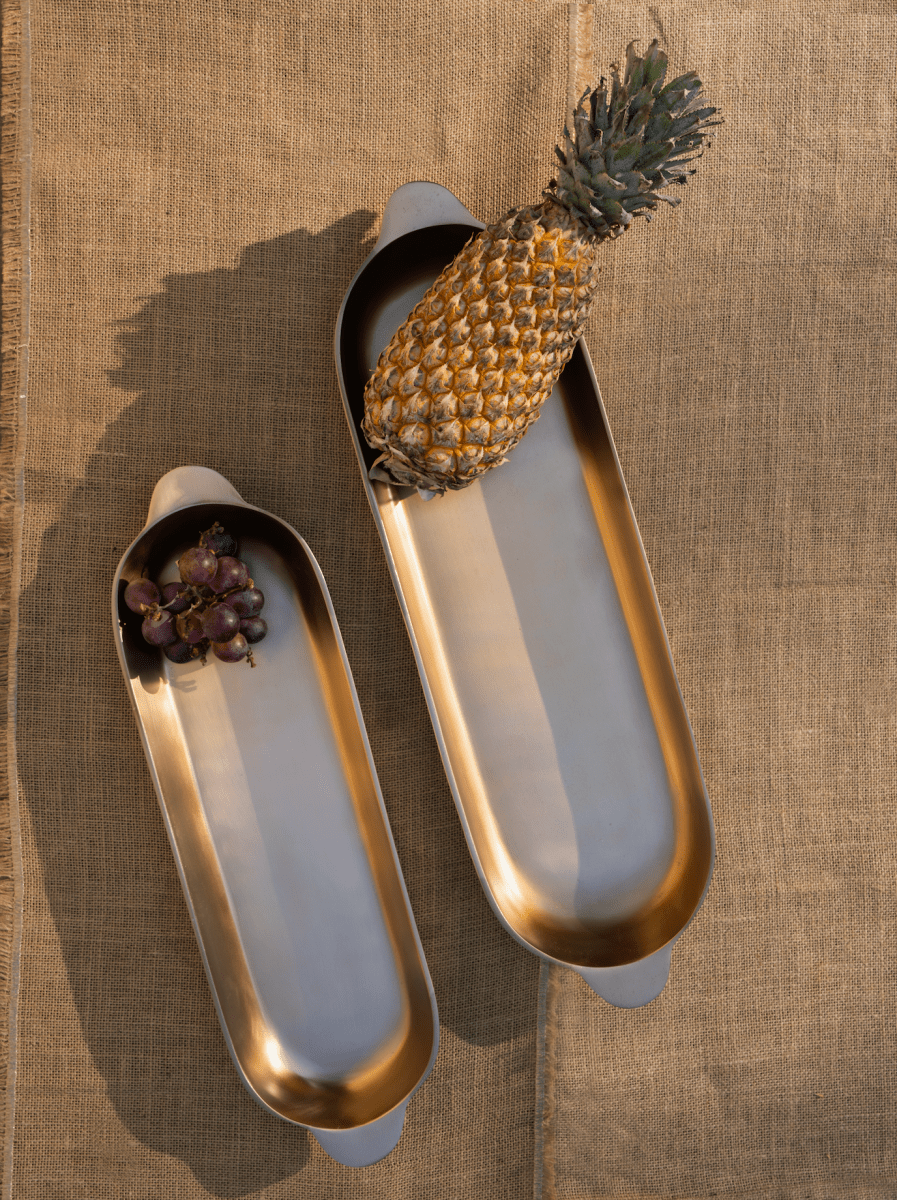 The Collective Stinson Antique Brass Long Trays - Set of 2 | Antique Nickel Cast Aluminum Serving Trays