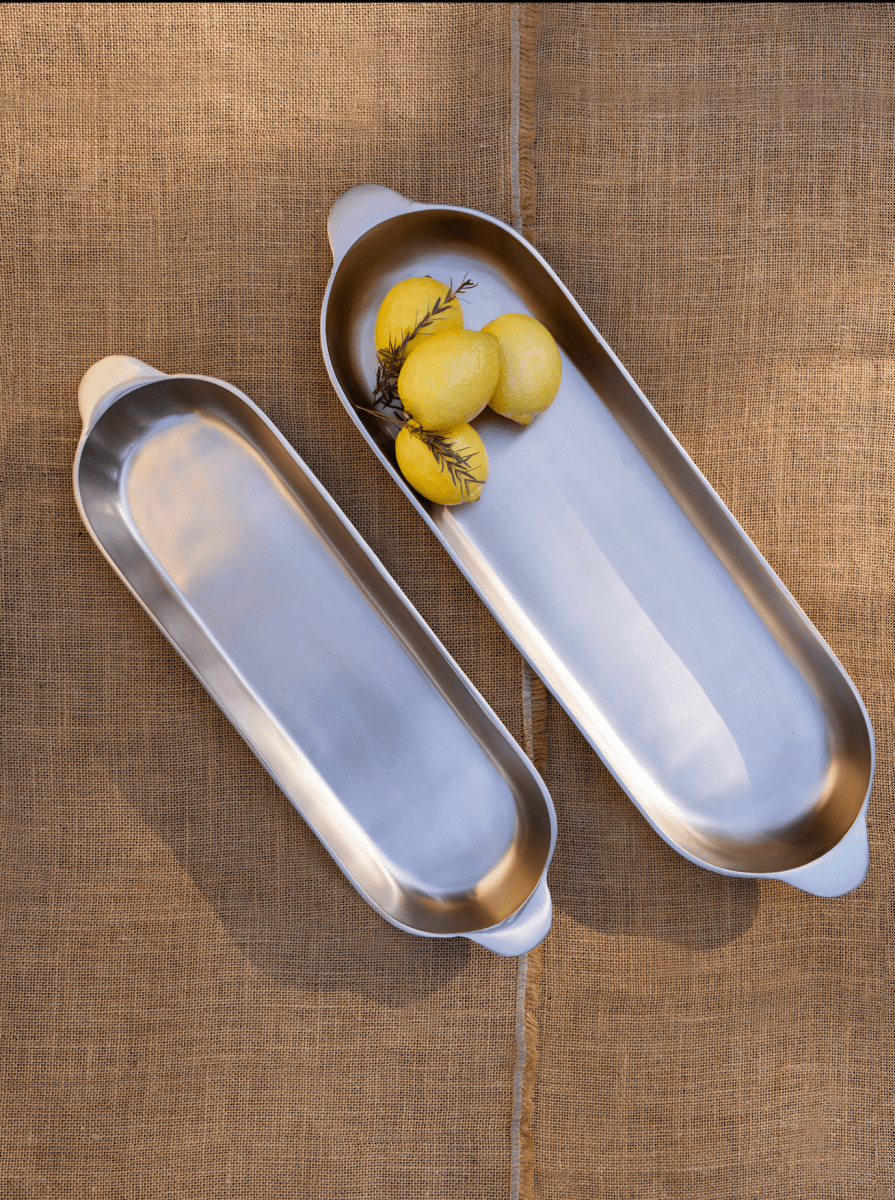 The Collective Stinson Nickel Long Trays - Set of 2 | Antique Nickel Cast Aluminum Serving Trays