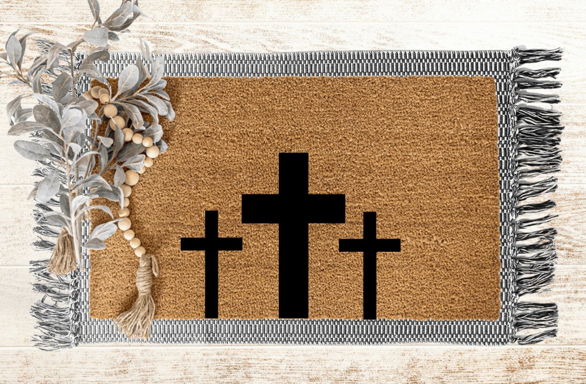The Doormat Co. Hand - Painted Three Crosses Coir Doormat - Natural Fiber Christian Mat